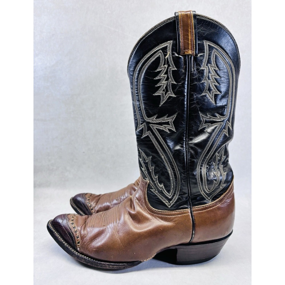 Tony Lama Two Tone Cowboy Boots 8.5D Brown Black Lizard Toe Vintage As Is - Picture 3 of 14